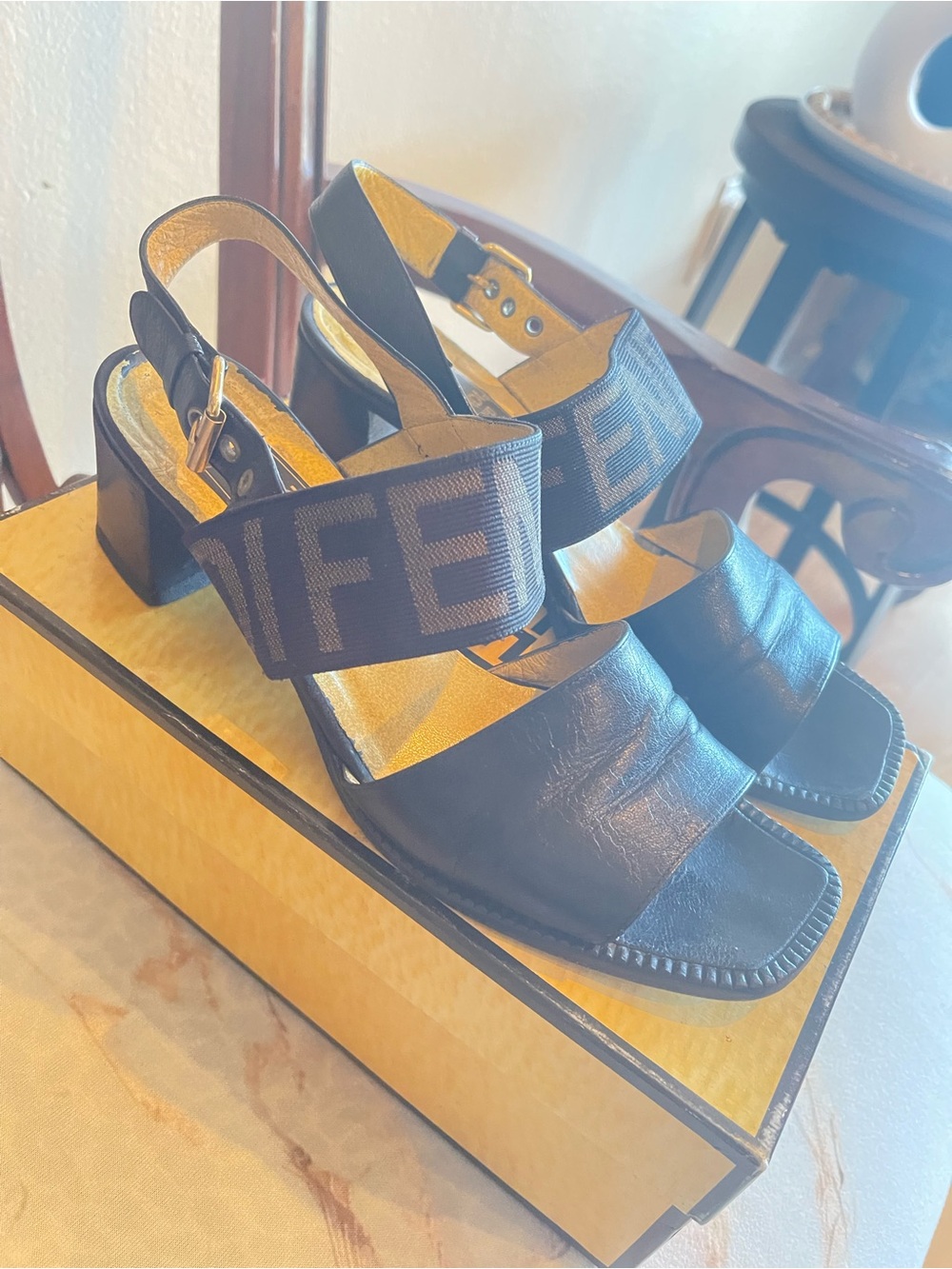 Fendi Zucca Logo Knit Crossover Block Heel Sandals with Original Box – Size 37.5